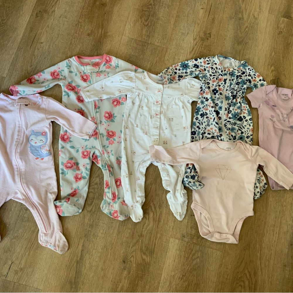 6 piece Baby Onesie and Pajama Set - Pink, White, Floral Bundle